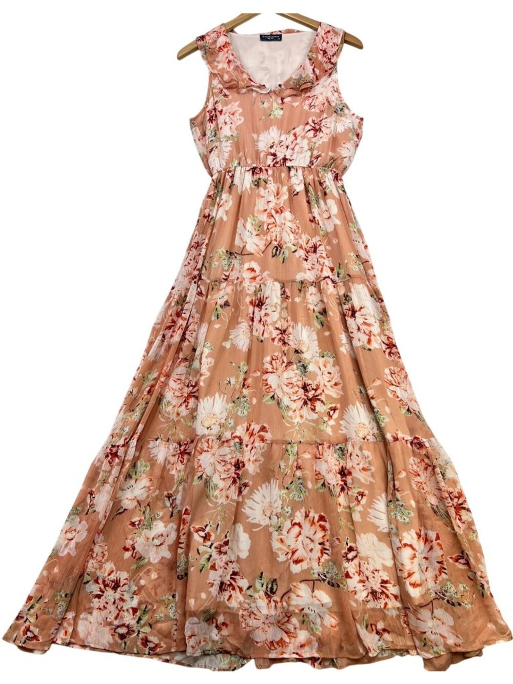 Women's Ruffle V-Neck Cottagecore Country Tiered Maxi Dress Size M Peach Floral